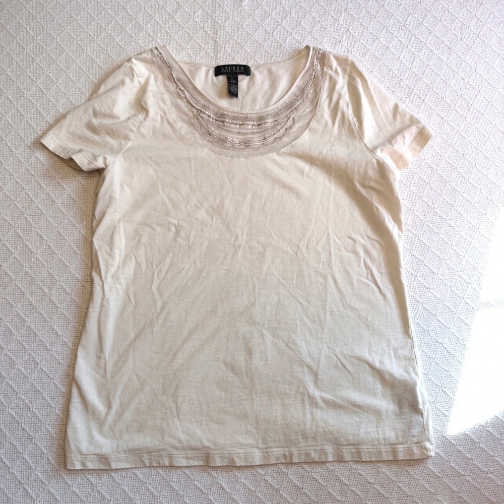 Lauren Ralph Lauren Women Cream Beaded Scoop Neck Cotton Tee Shirt Large